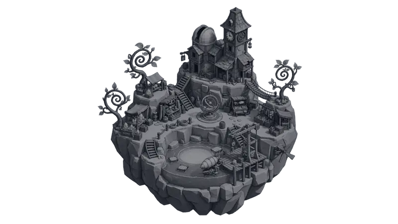The island roughed out with grey boxes and cylinders on a Maya grid