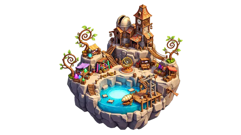 Exploded view of the island: tower, stalls, bridge, dock and airship floating apart