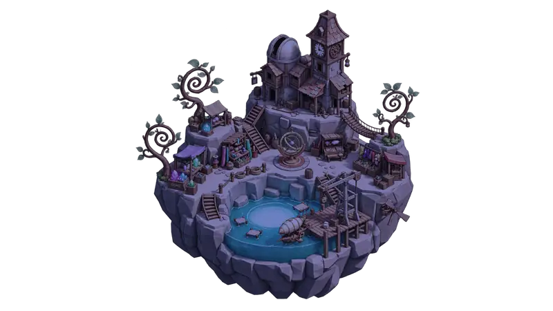 Night render of the island with glowing lanterns, crystals and pool